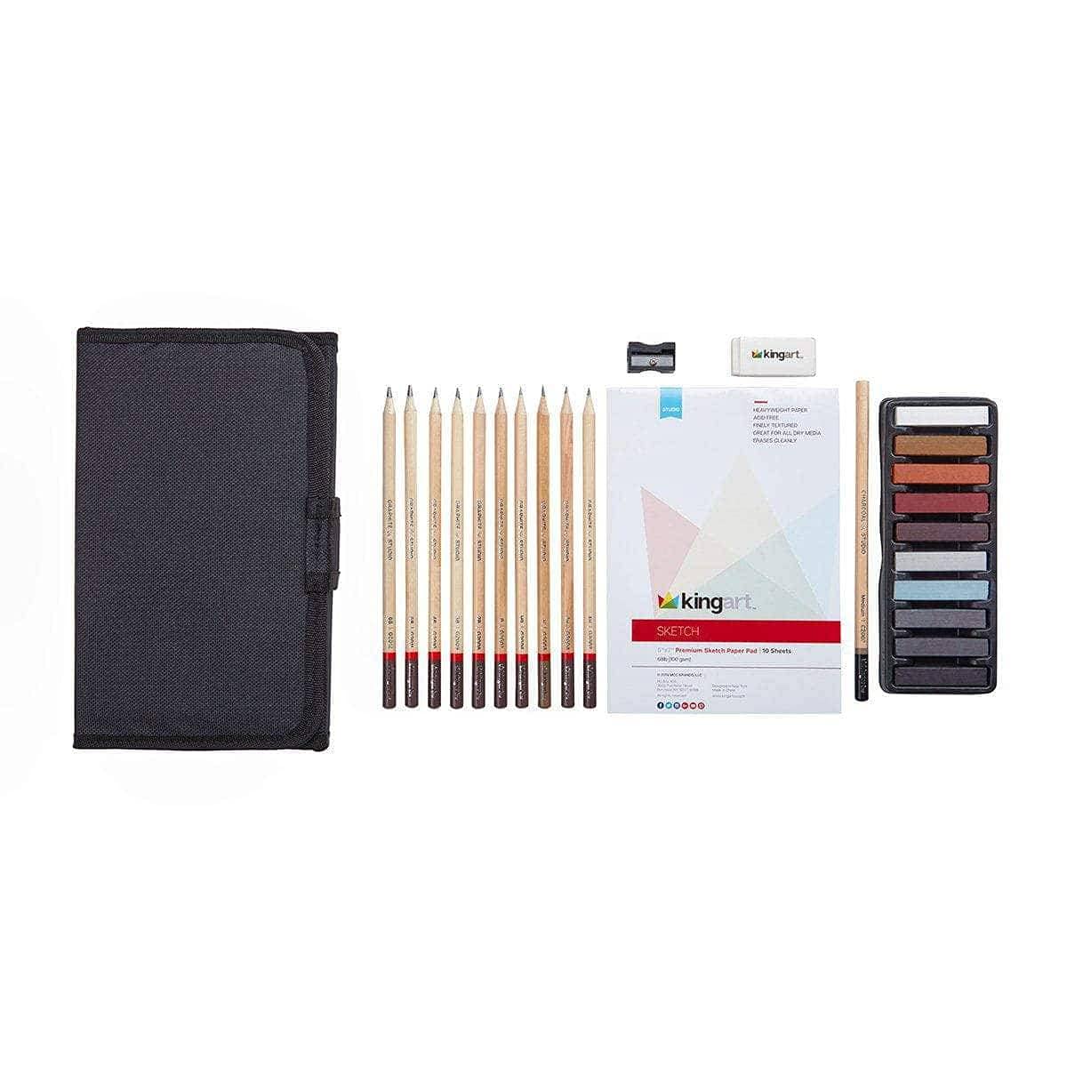 KINGART DRAWING & SKETCHING 25 pc. TRAVEL SET, Graphite, and Charcoal Pencils & Pastels plus Supplies, Art Drawing Kit for Adults, Teens, Beginner to Pro, Ideal for Shading, Blending, 25 pc.