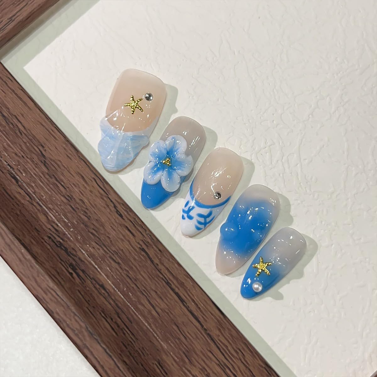 Blue Flower Press on Nails Medium Almond Handmade Fake Nails with Pearl Gold Starfish Gems Design 3D Ripple False Nails Full Cover Artificial Glue on Nails Summer Stick on Nail for Women DIY 10Pcs
