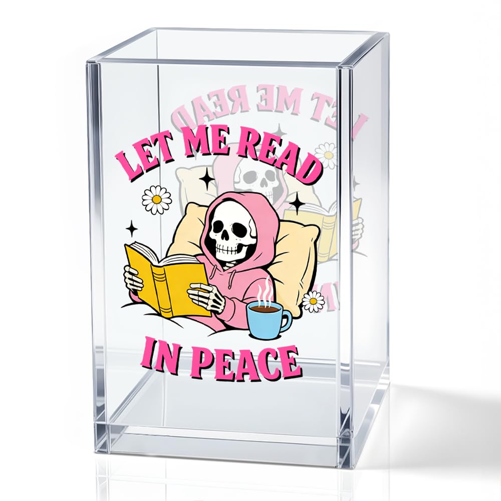 MGLZXLU Let Me Read In Peace Acrylic Pencil Pen Holder Cup, Reading Book Club Makeup Brush Storage Organizer, Cute Bookish Desk Accessories Holder Gifts for Daughter Reader Librarian Teacher Holders