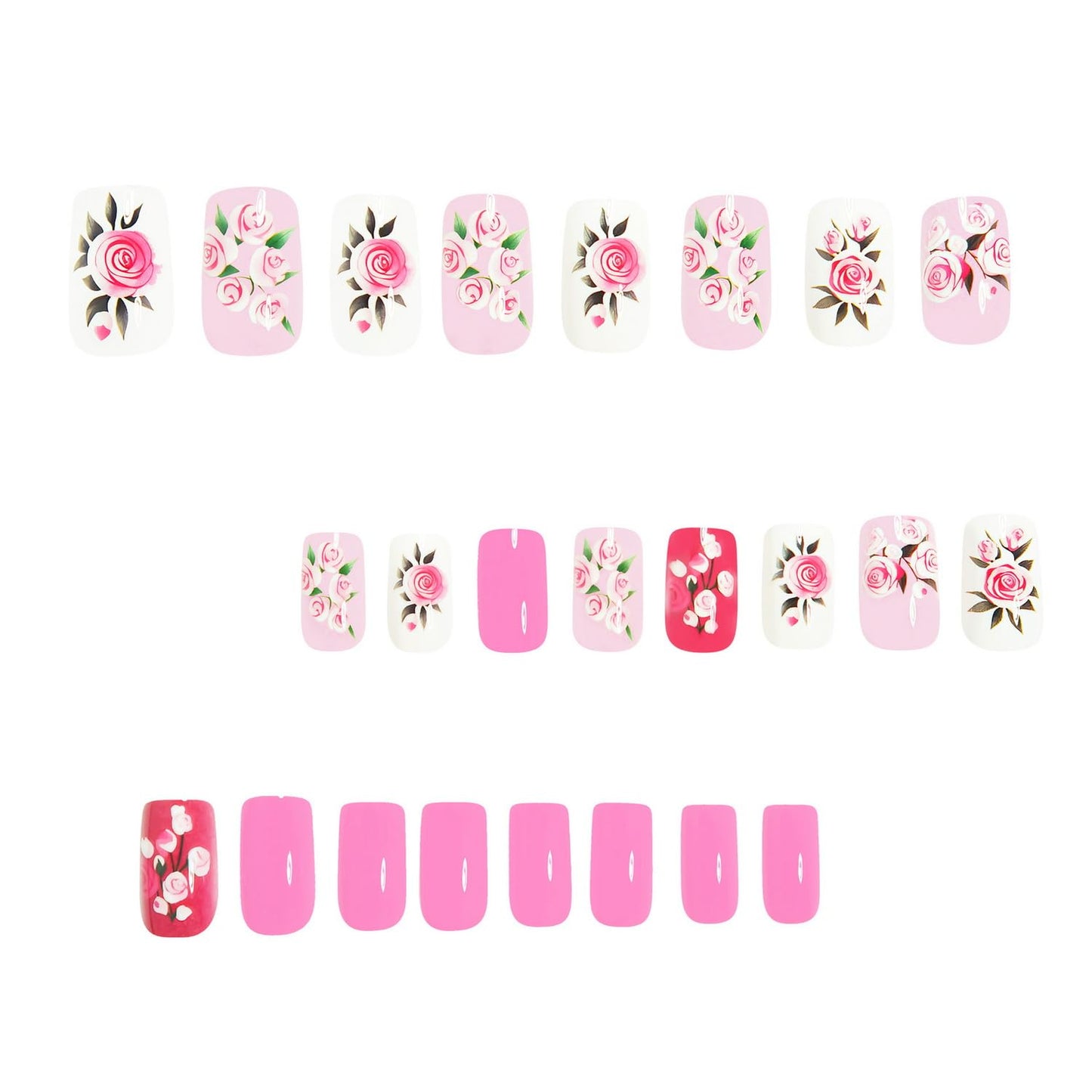 Pink Press on Nails Medium Length Fake Nails with Rose designs Acrylic Press ones Full Cover Romantic Valentine Glue on Nails Glossy Reusable Stick on Nail for Women Finger Manicure Decor24pcs