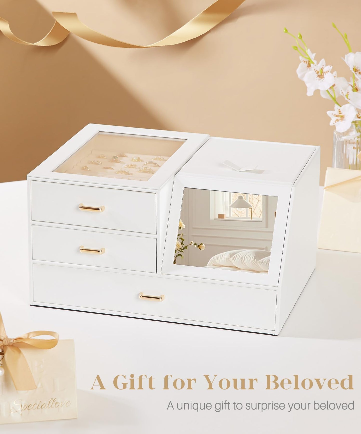 Homde Women Mirror Jewelry Box: Organizer Case with Clear Lid for Ring Necklace Earring - Gift for Young Women (White)