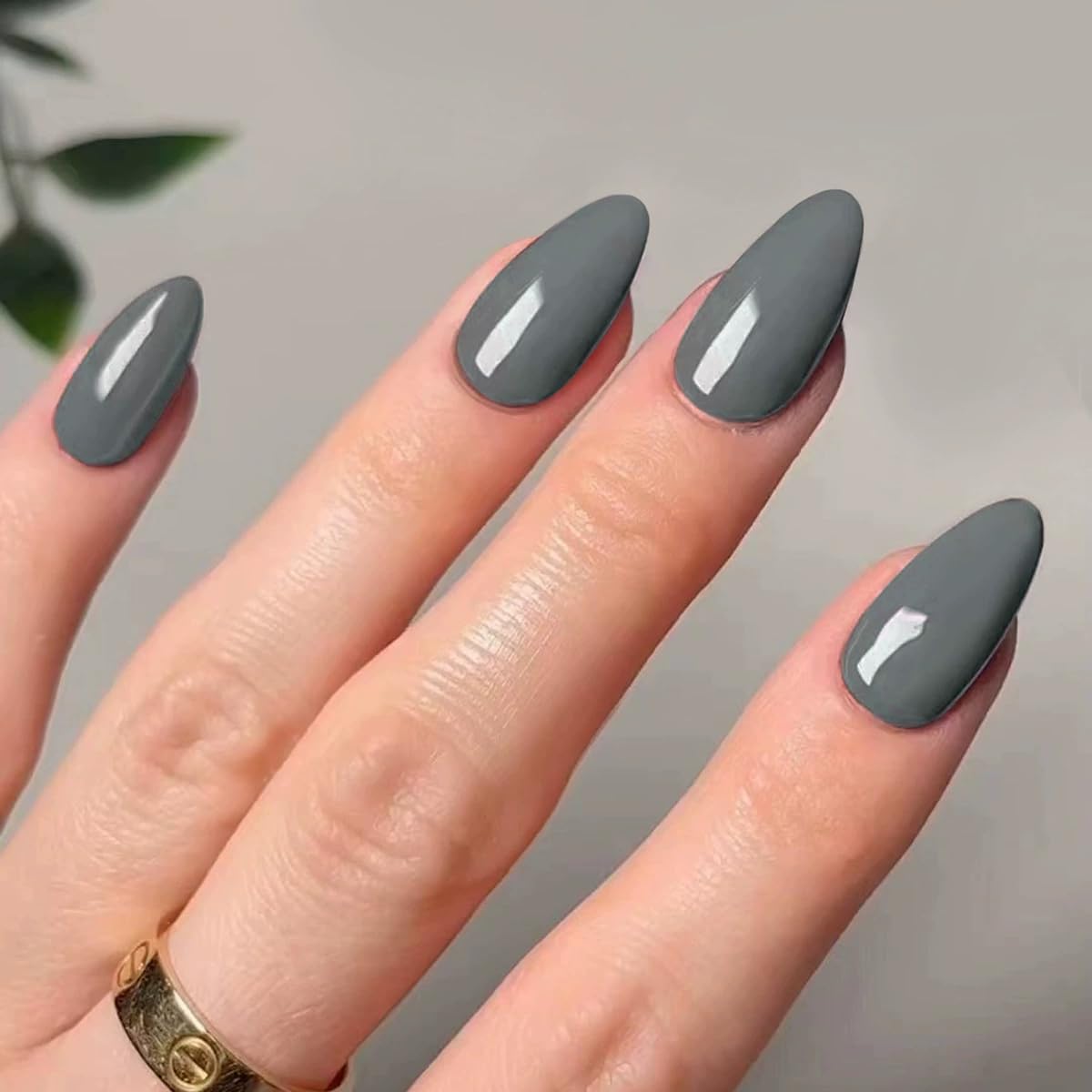 Glossy Slate Color Press On Nails – Almond Shape, Medium Length, 24 PCS Fake Nails with Nail File & Glue Tabs, Reusable ABS Material