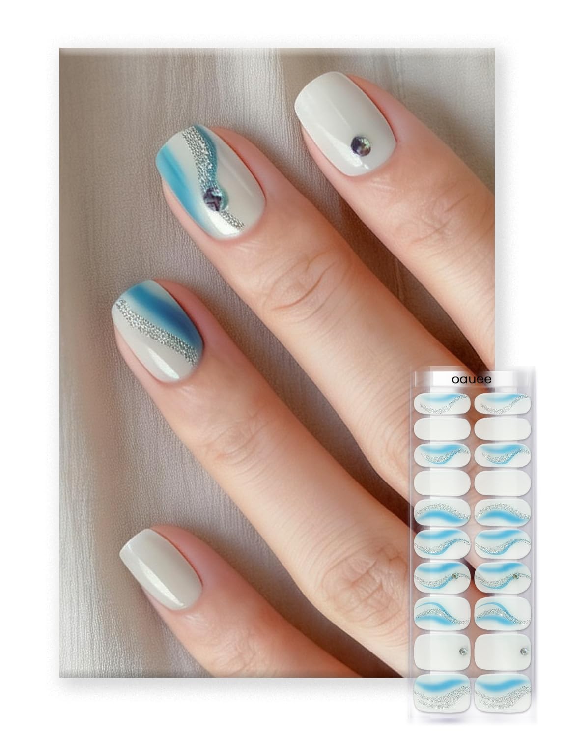 Oauee Semi Cured Gel Nail Strips | Built-In Gel Top Coat | UV Light Required | Salon Quality, Easy Application And Removal (Ocean Breeze)