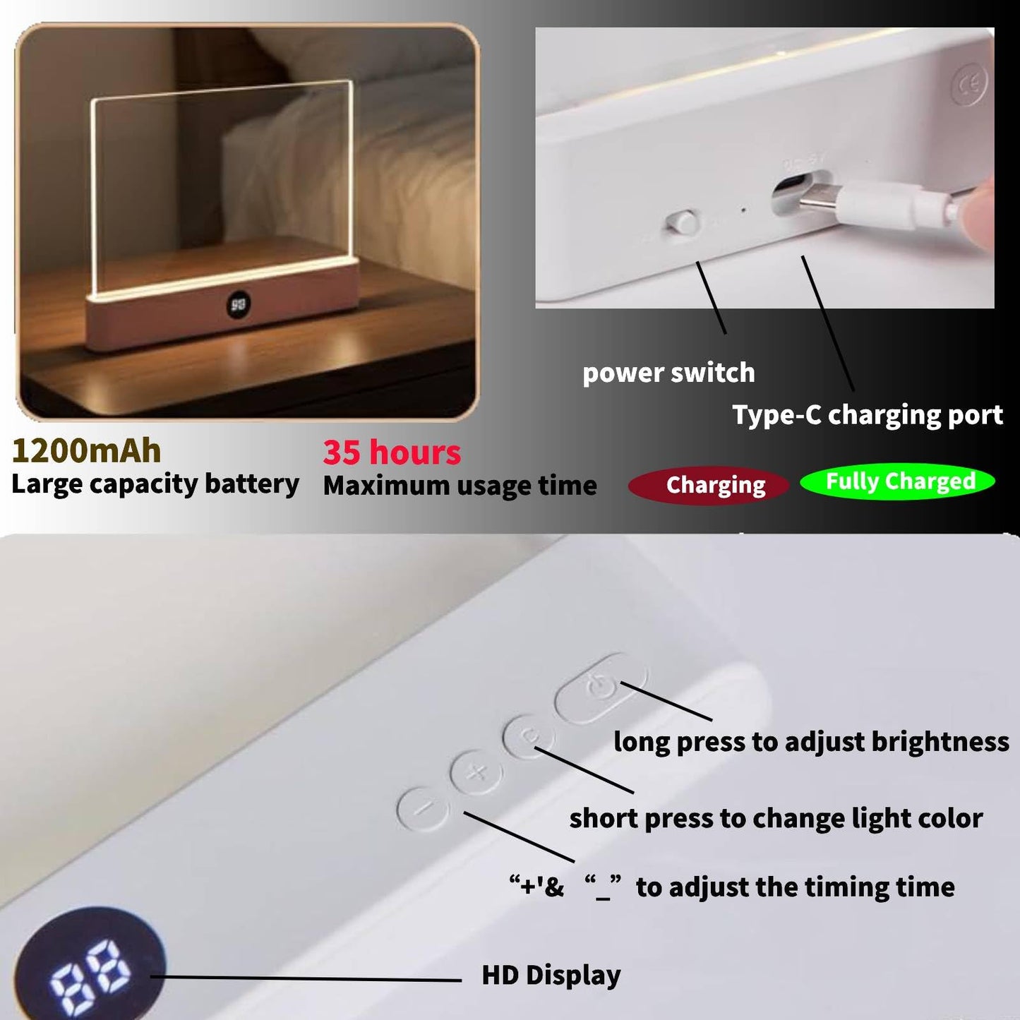 AAESG Book Lights for Reading at Night,Rechargeable LED Reading Light with 3 Colors & Timer, Eye Protection Dimmable Full Page Panel Plate Lamp Which Don't Disturb Your Partner's Sleep