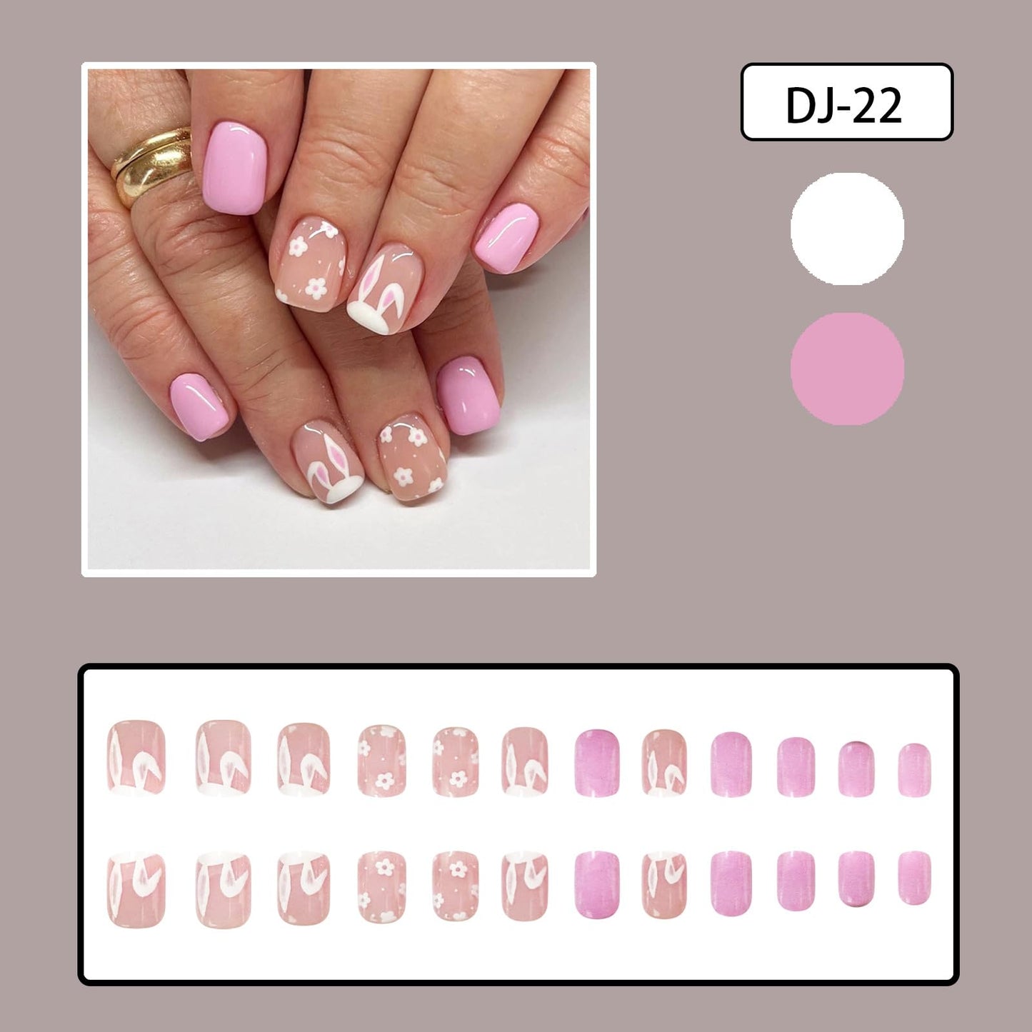 Short Square Fake Nails Easter Nails Press ons Pink Acrylic False Nails with Cute Rabbit Designs Full Cover Stick on Nails Flower Glue on Nails Press on Nails Easter for Women 24Pcs