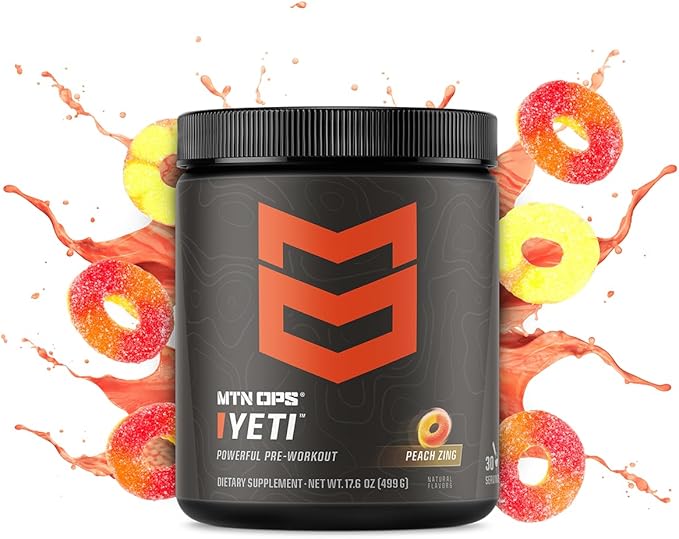MTN OPS Yeti Pre-Workout Powder Energy Drink with Creatine, 200mg Caffeine & BCAAs with Beta Alanine, 30-Serving Tub, Peach Zing