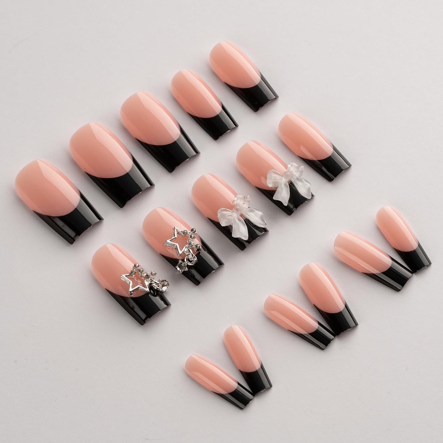 Generic Black French Tip Press on Nails Medium Square With Bow and Star Designs for Women Full Cover Stick on Nude Pink False Nails Glossy Acrylic Cute 24Pcs