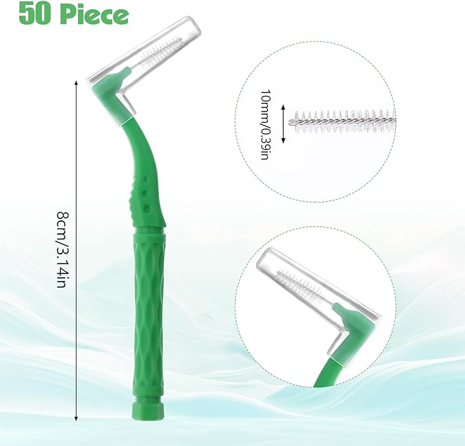 50pcs Interdental Brushes, Green Soft Dental Brushes with Non-Slip Handle Angled Head Tooth Picks Floss Sticks Dental Floss Brushes for Braces Oral Cleaning Narrow Gaps Between Teeth