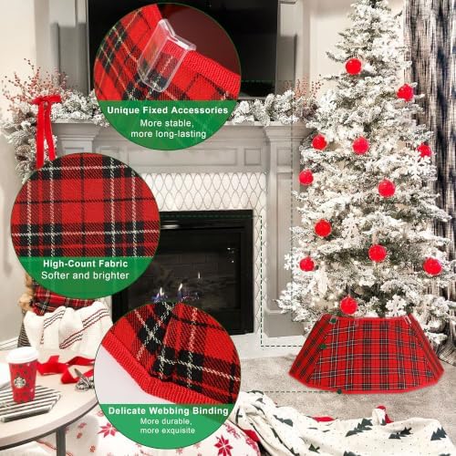 Blissun Fabric Christmas Tree Collar & Skirt, Willow Tree Ring for Christmas Decorations (Red & Black Plaid)