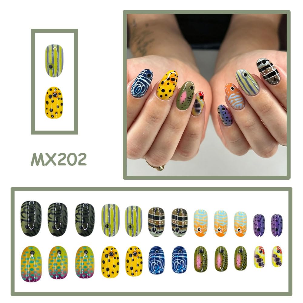 WLGDLH Press on Nails Short Oval Fake Nails, Summer False Nails Press ons Nail Art Tips with Ocean Fish Polka Dot Striped Design, Glossy Finish Glue on Nails Stick on Nail for Women Manicure 24 Pcs