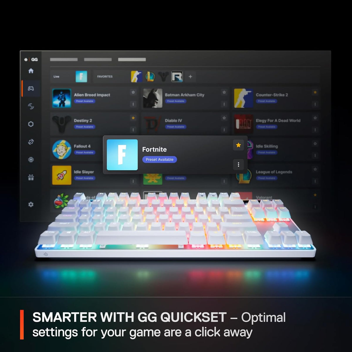 SteelSeries Apex Pro TKL Gen 3 White OmniPoint 3.0 Switches — Adjustable Actuation — Rapid Trigger — Game-Ready Presets — Protection Mode — Rapid Tap/SOCD — OLED — RGB — PBT Keycaps — USB-C