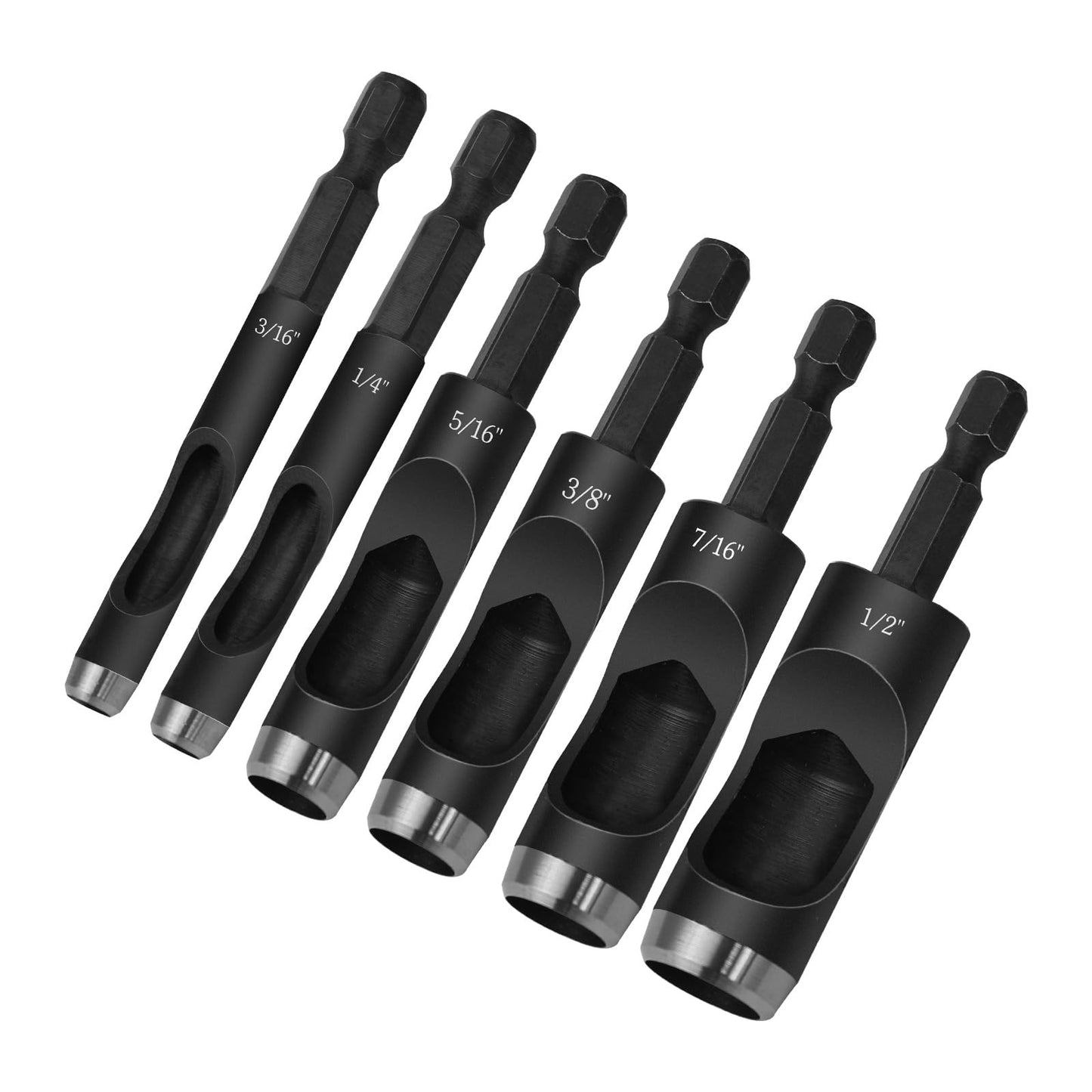 Leather Hollow Punch Tool Set 1/4 Hex Shank for Electric Hand Drills, 6 Pcs Hex Leather Hole Punch Set 1/4" 5/16" 3/8" 3/16" 7/16" 1/2" Dia for Belts Fabric Canvas Paper Plastic Craft - Carbon Steel