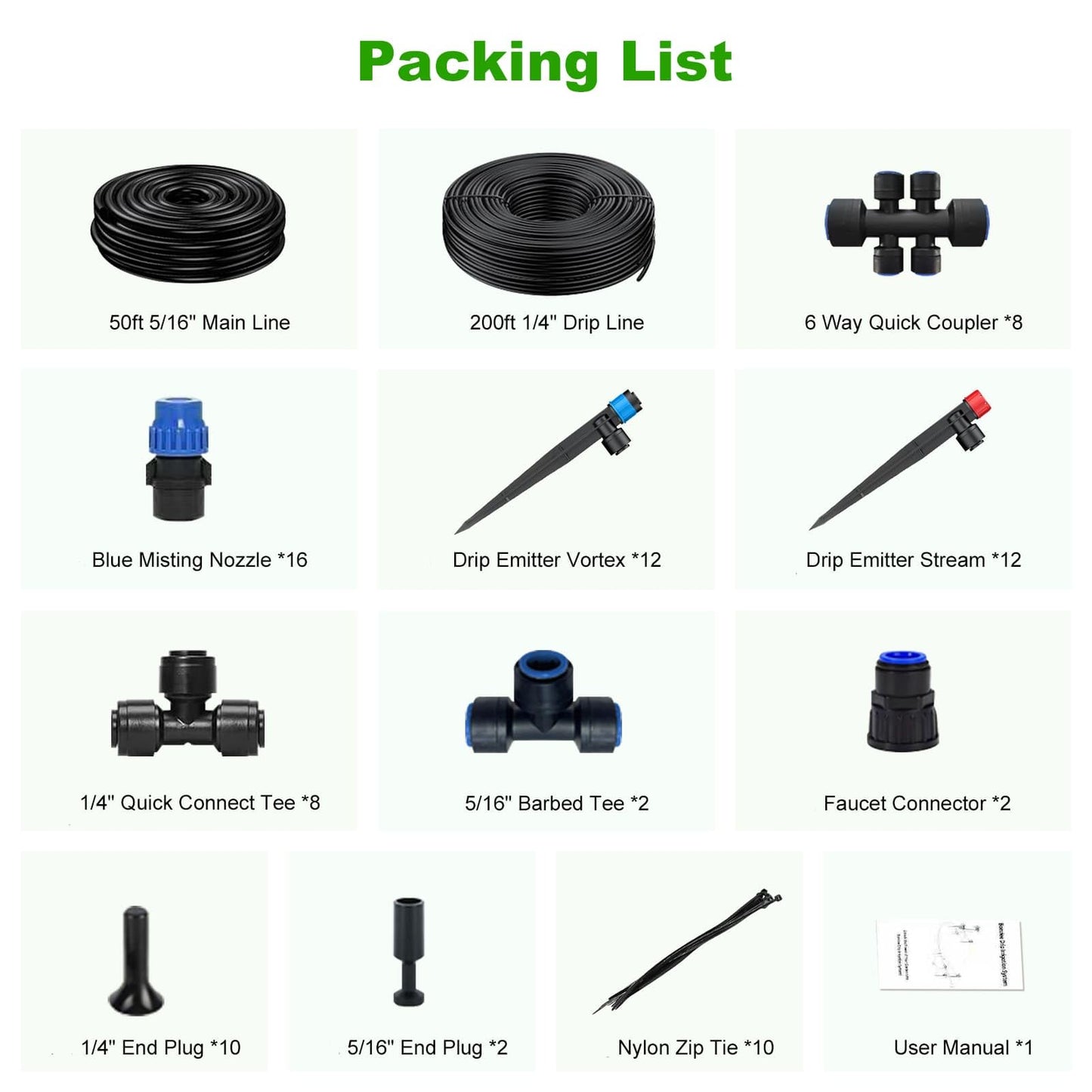 250FT Drip Irrigation System Kit New Quick-Connect, Automatic Garden Watering Misting System for Greenhouse, Yard, Lawn, Plant with 5/16 inch Hose 1/4 inch Distribution Tubing and Accessories