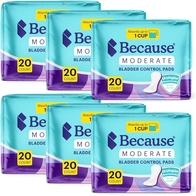 Because Premium Incontinence Pads for Women - Discreet, Individually Wrapped Liners - Moderate Absorbency, Ergonomic Design for Comfort, Leak Protection - 120 Count (6 Packs of 20)