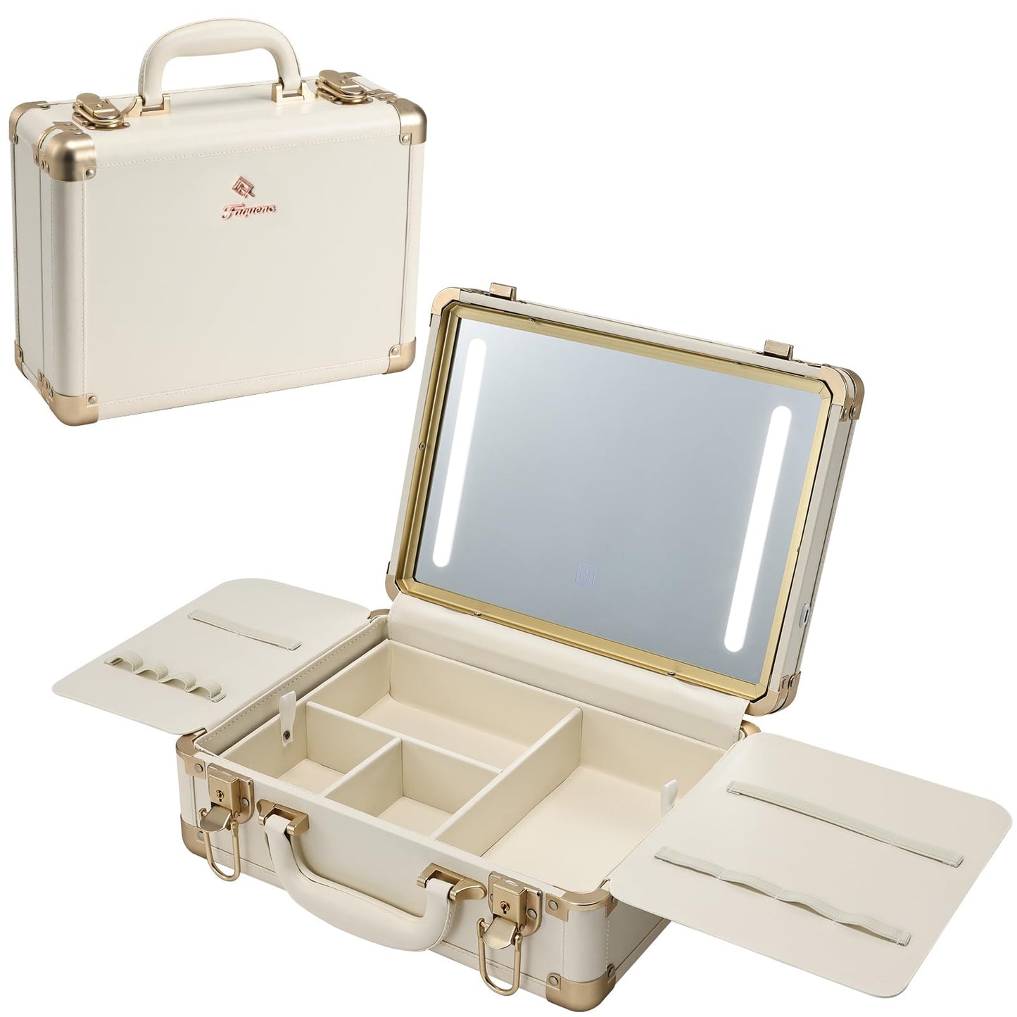 Faquenc Lighted Makeup Case with Detachable Tray, Beige Vegan Leather Makeup Box Rechargable 3-Color LED Mirror, Travel Train Case Makeup Bag Organizer with Champagne Alloy