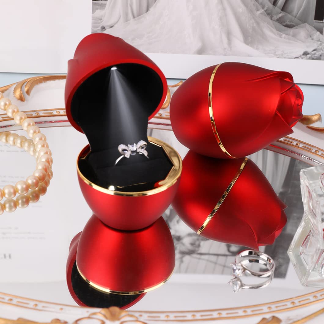 Rolin Roly Red Ring Box with LED Light Rose Jewelry Ring Case Jewellry Display Gift Boxes for Mother's Day Wedding Ring Box Ceremony Engagement Proposal Anniversary