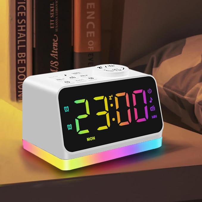 JALL Digital Alarm Clock with FM Radio for Bedroom, 8 Colors Night Light with 2 Charging Port, Sleep Sound Machines with Timer, Dual Alarm, Loud Alarm and Easy to Use for Seniors as Gift