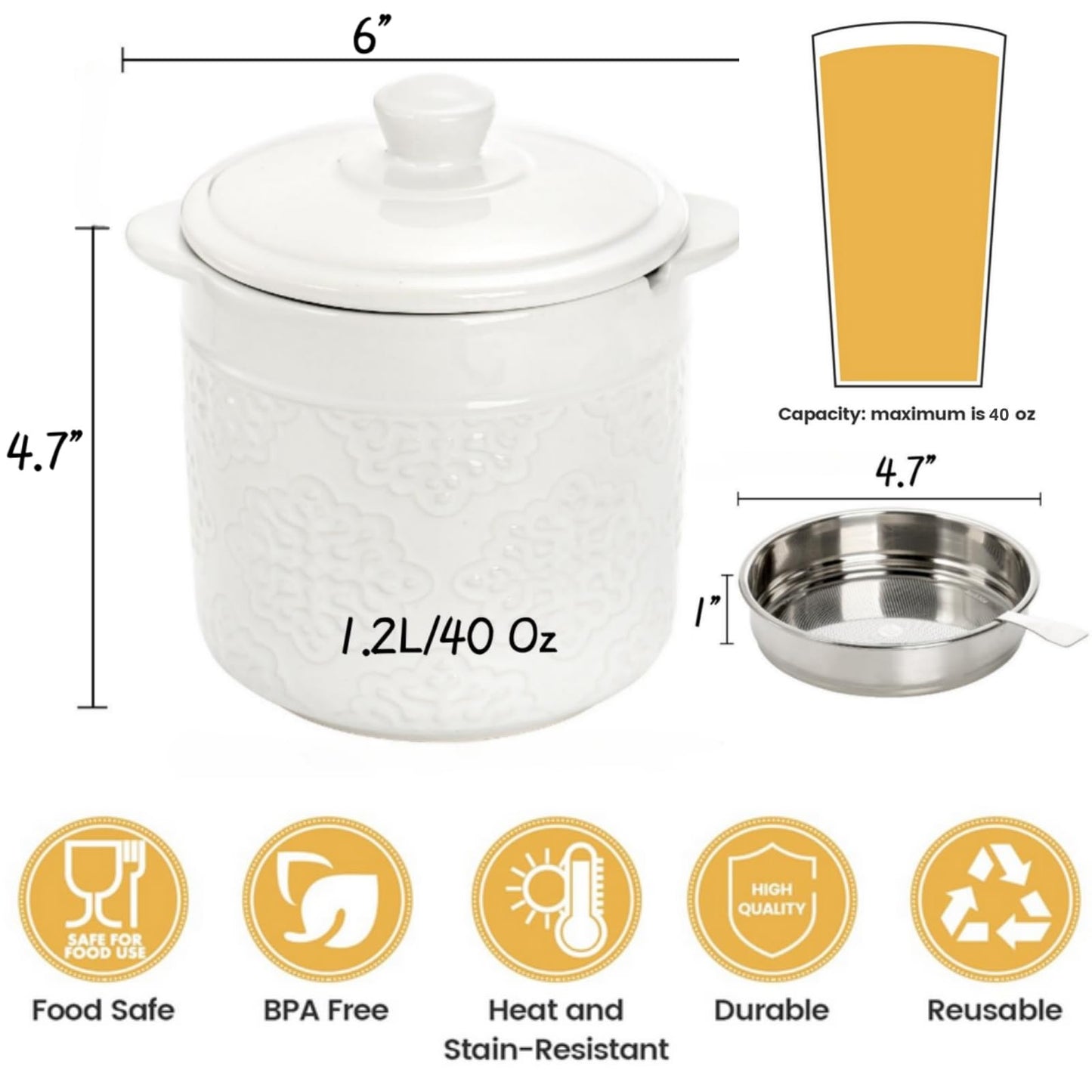Lyellfe Ceramic Bacon Grease Container, 1.2L/40 Oz Oil Filter Pot with Strainer, White Carved Cooking Oil Container for Fat Frying Used Cooking Oil Kitchen