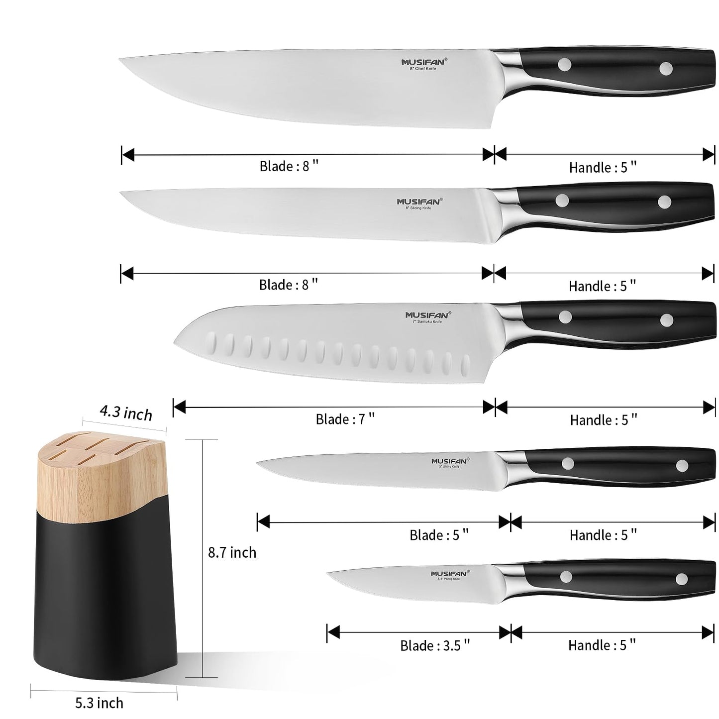 6-Piece Knife Block Sets，Stainless Steel Kitchen Knife Set with Block – High Carbon Black Knives, Dishwasher Safe，Holiday Gift