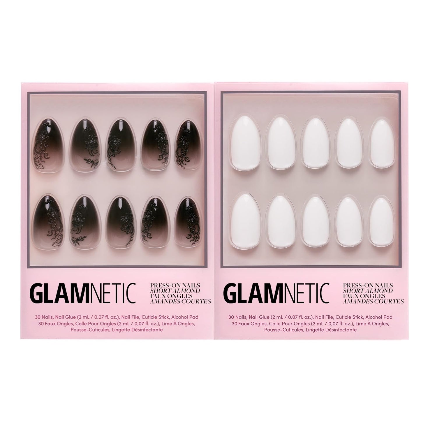 Glamnetic Press-On Nails Bundle - 'Til Death & Angel | Ombre 3D Lace Short Almond Fake Nails | Opaque White Short Almond Nails | Durable, Salon-Quality Nail Kits