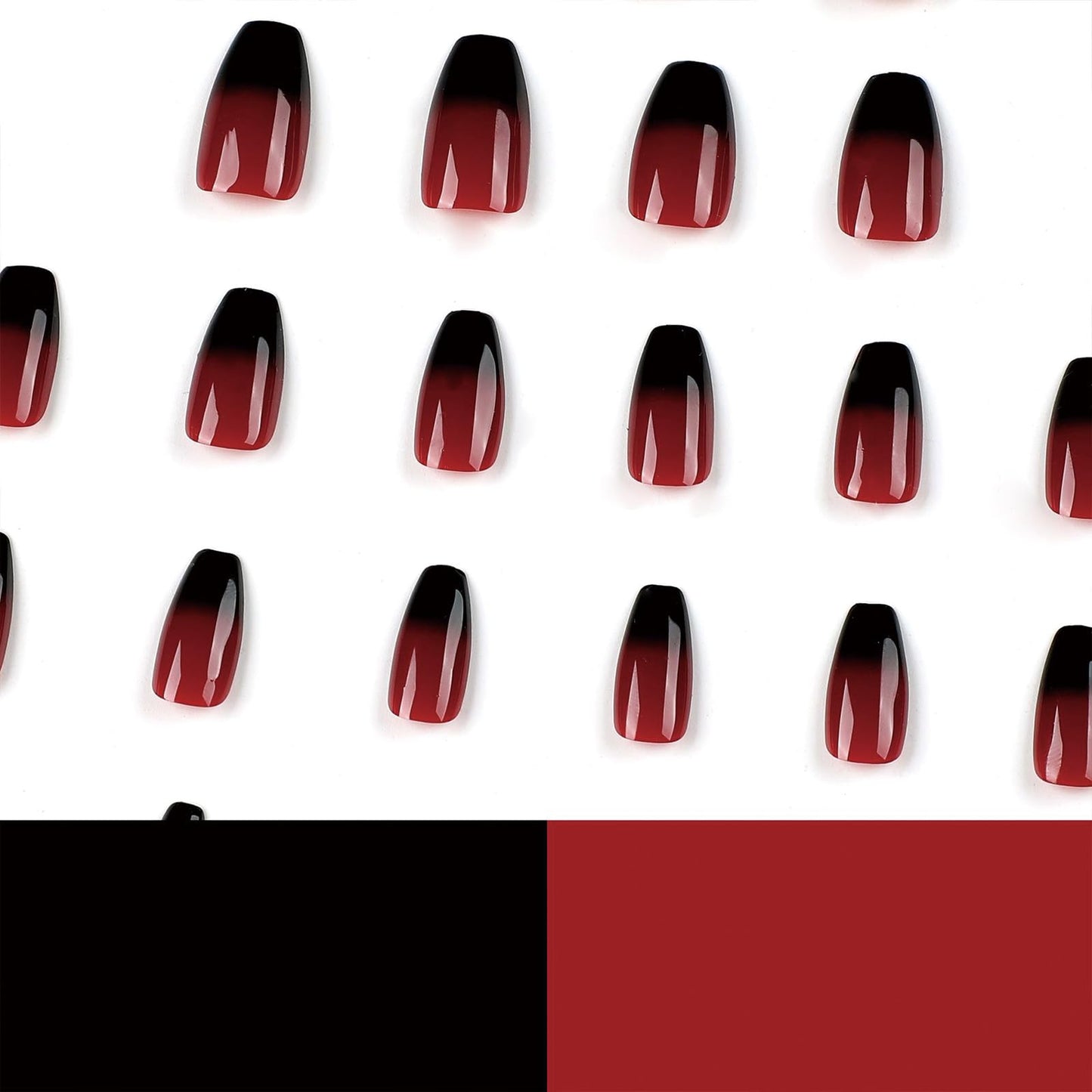 SINHOT Medium Press on Coffin Fake Nails - Black Red Goth Ballerina Acrylic Glossy Glue on Stick on False Nails with Design - 24pcs