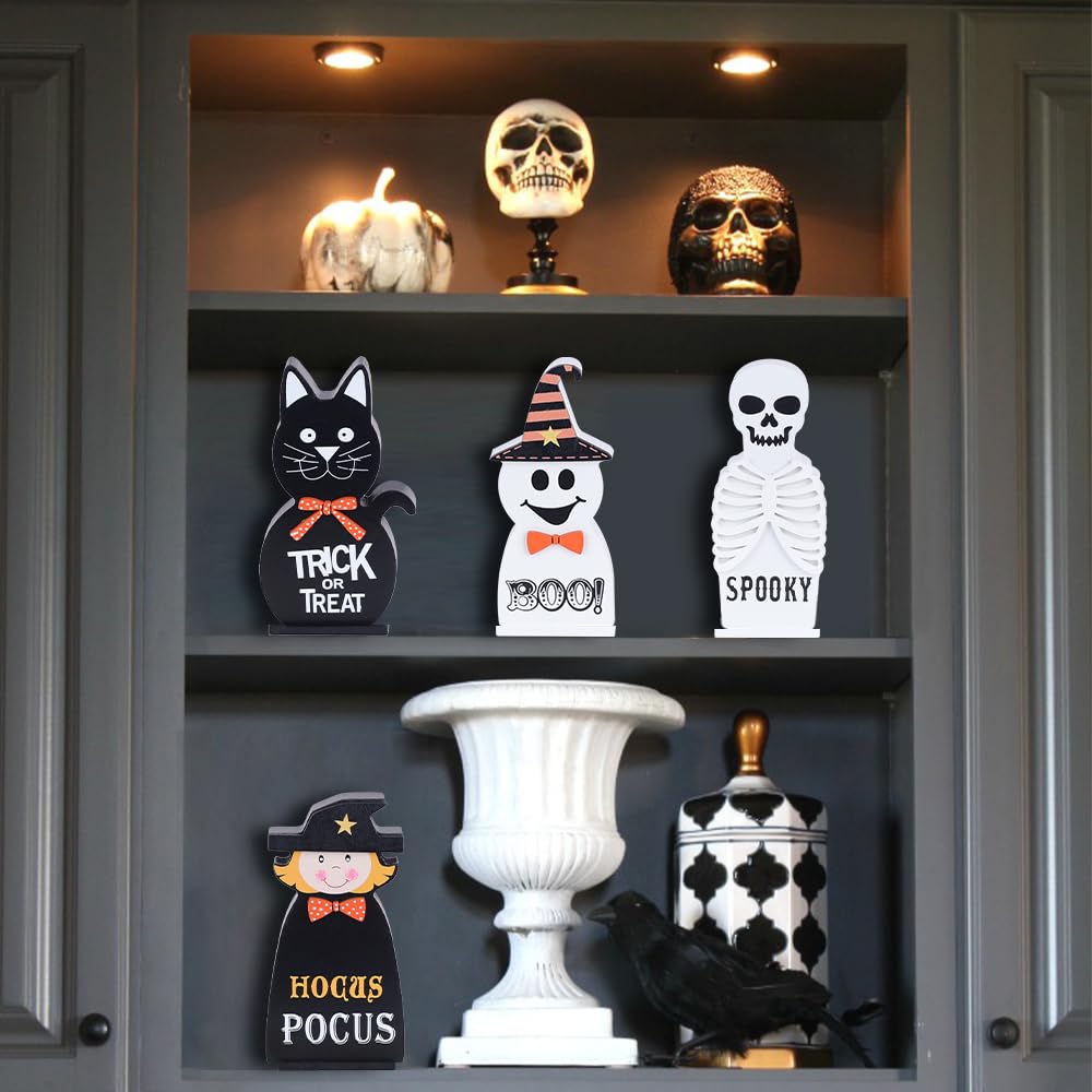 Halloween Decorations Indoor, DECSPAS 4 PCS Wood Blocks Halloween Table Decor, Ghost Black Cat Skull Witch Gothic Tabletop Ornaments, Hocus Pocus Decorations for Home, Tiered Tray, Shelf, Mantel