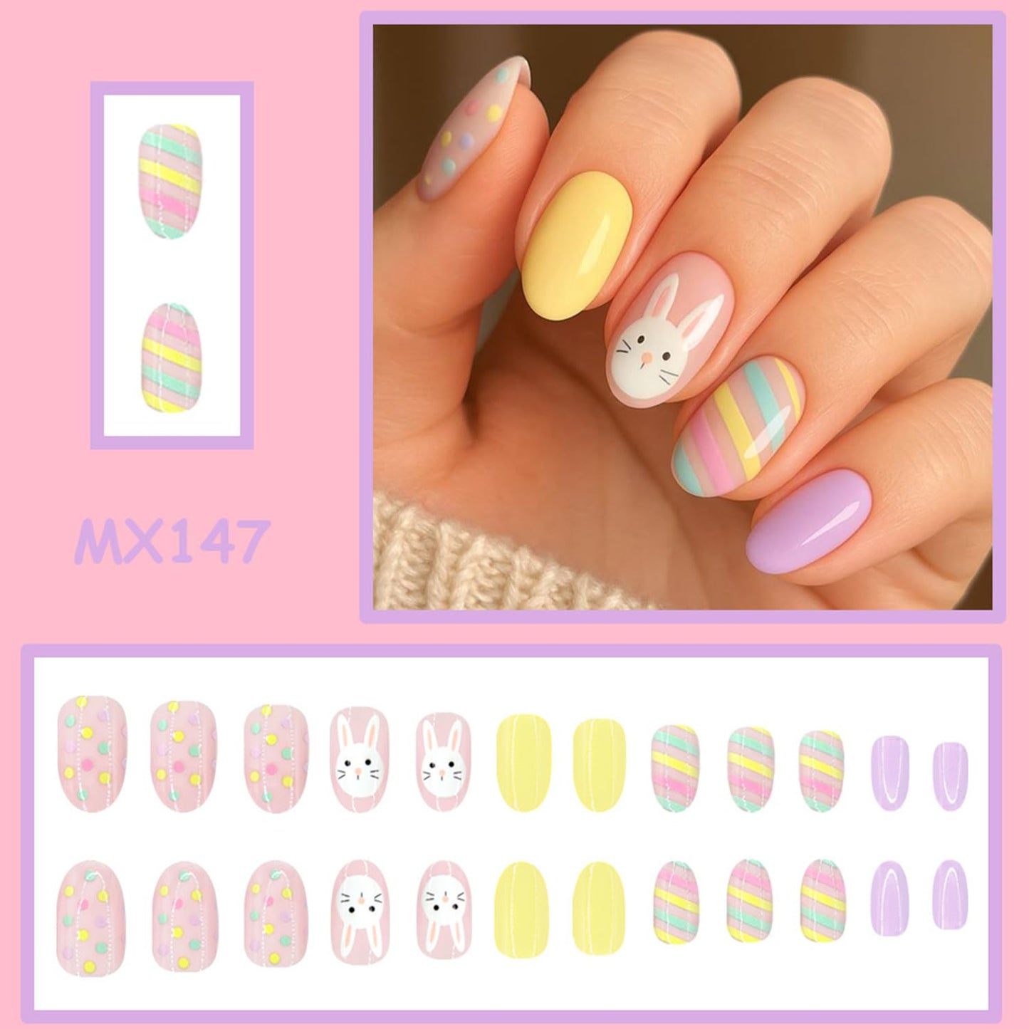 CJDLTS Easter Press on Nails Short Oval Artificial Acrylic False Nails Cute Rabbit Polka Dots with Colorful Stripe Full Cover Glossy Spring Glue on Nail Stick on Nail Artificial Fingernails for Women