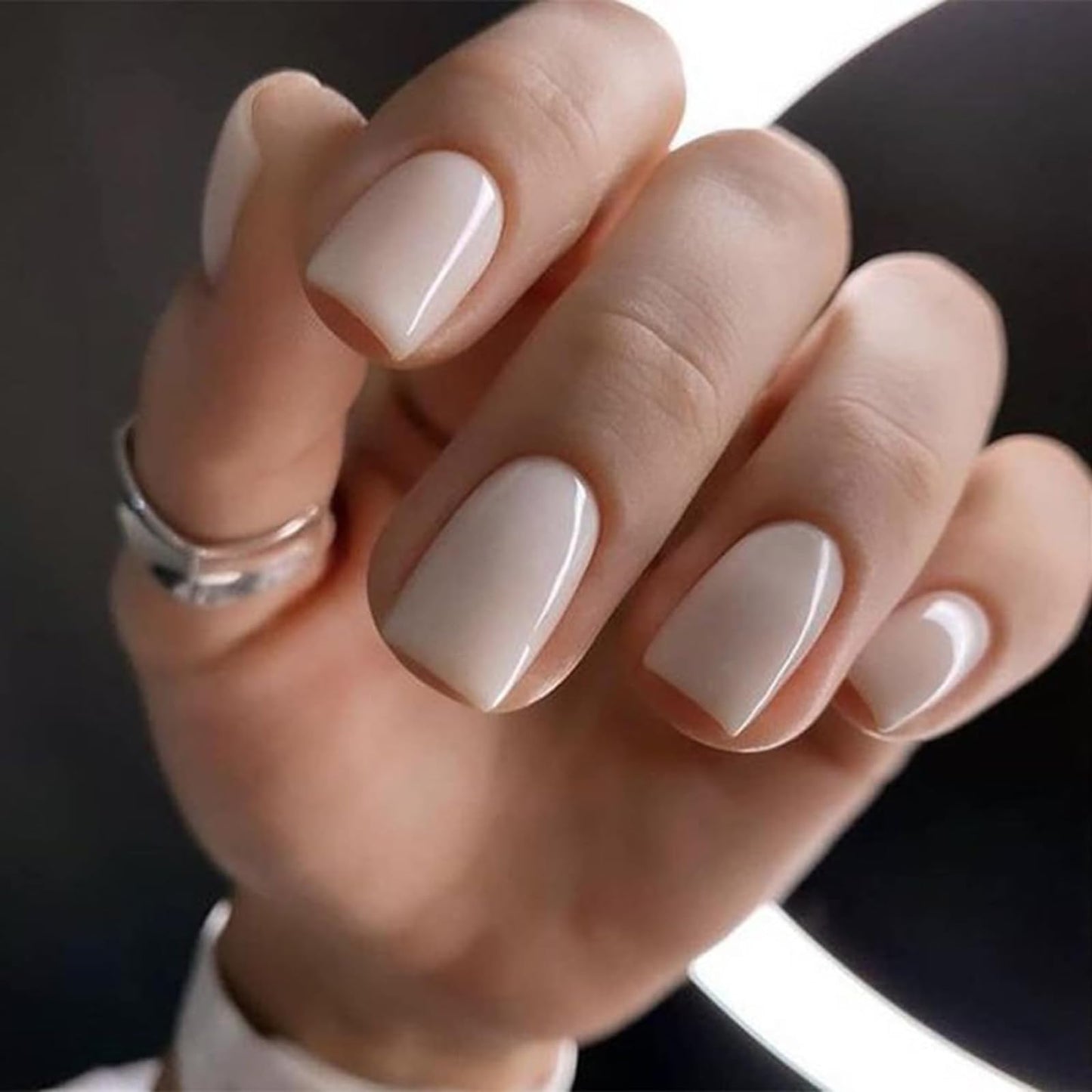 6 Packs (144 Pcs) French Tip Press On Nails - Jsiallye Milky White Short Square Press on Nails Nude Glazed, Gradient Glue On Nails in 12 Sizes - 24 Fake Nails Kit, Simple Stick On Nails for Women