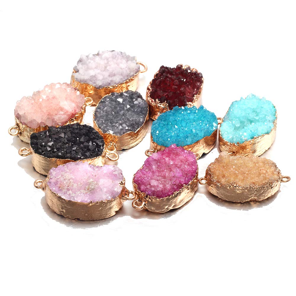 LHJ 5Pcs Natural Druzy Agate Connectors Random Color Stone Pendant Charms for Making Necklace Craft