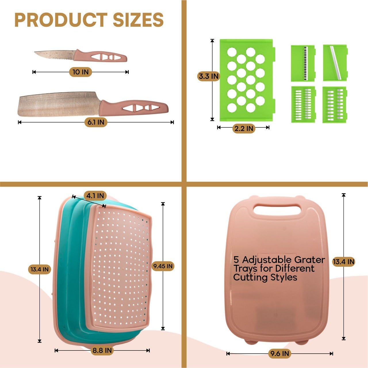 Foldable Cutting Board Set with Storage Lid – Phoenix'Hills Pink Kitchen Cutting Board with 5 Interchangeable Blades, 2 Knives & Containers – Compact & Multi-Functional