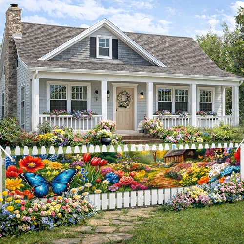 BlissYard Spring Garden Banner 118x20 Inches Butterfly Flower Garden Cabin Banner Colorful Flower Fence Porch Lawn Display Cottage Patio Backyard Party Decor Spring Summer Outdoor Party Decoration - color: Spring Decorations Banner #006, size: 118x20 Inch