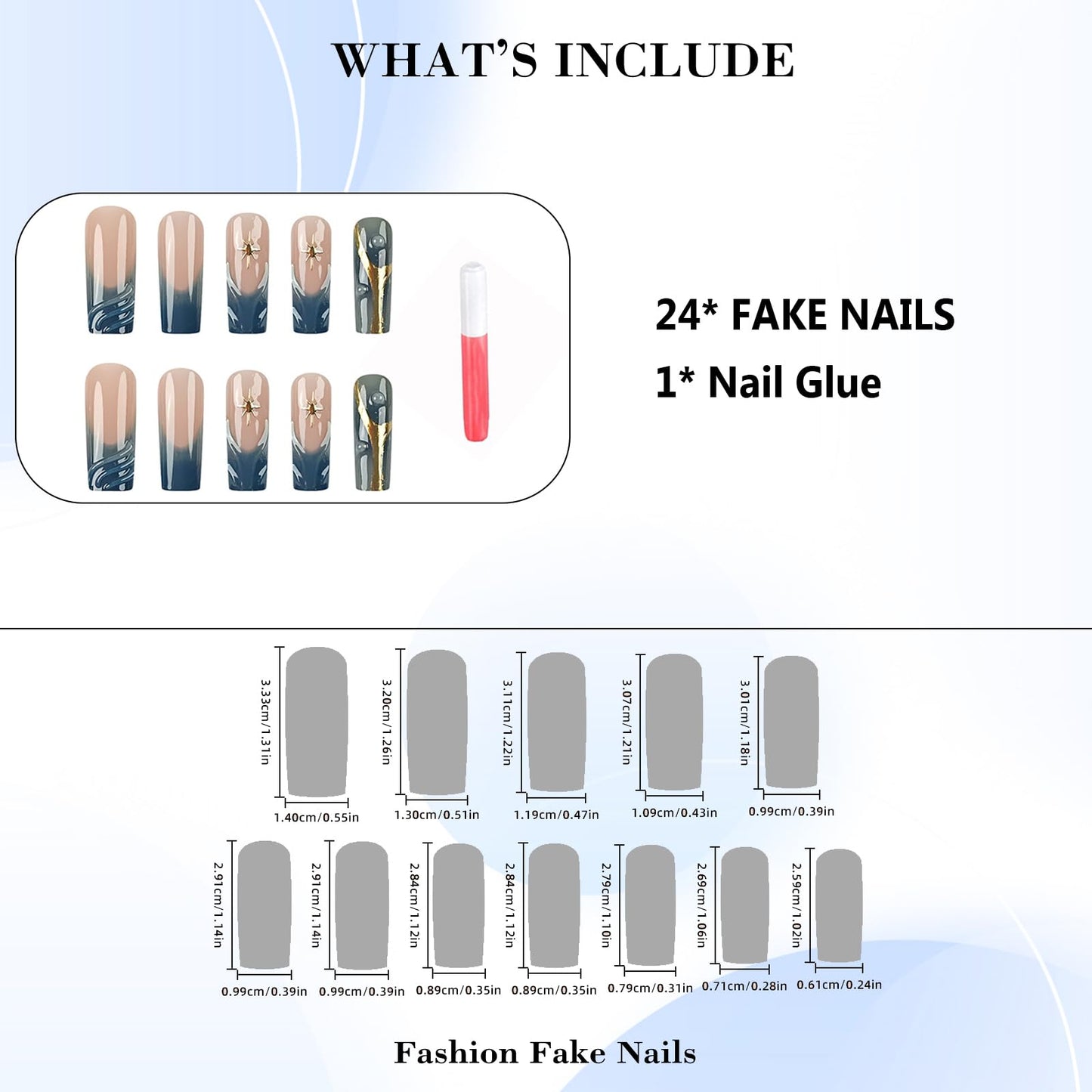 IMRAIN Long Press on Nails Square French Tip Fake Nails with 3D Wave Design Full Cover Blue Gradient & Golden Line Acrylic Nails Glossy Glue on Nails Artificial Squoval False Nails 24Pcs