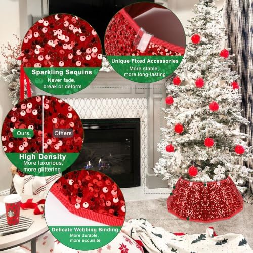 Blissun Christmas Tree Collar, Sequin Christmas Tree Skirt, Foldable Tree Ring, Xmas Tree Stand Base Cover for Christmas Tree Decoration, Round Red