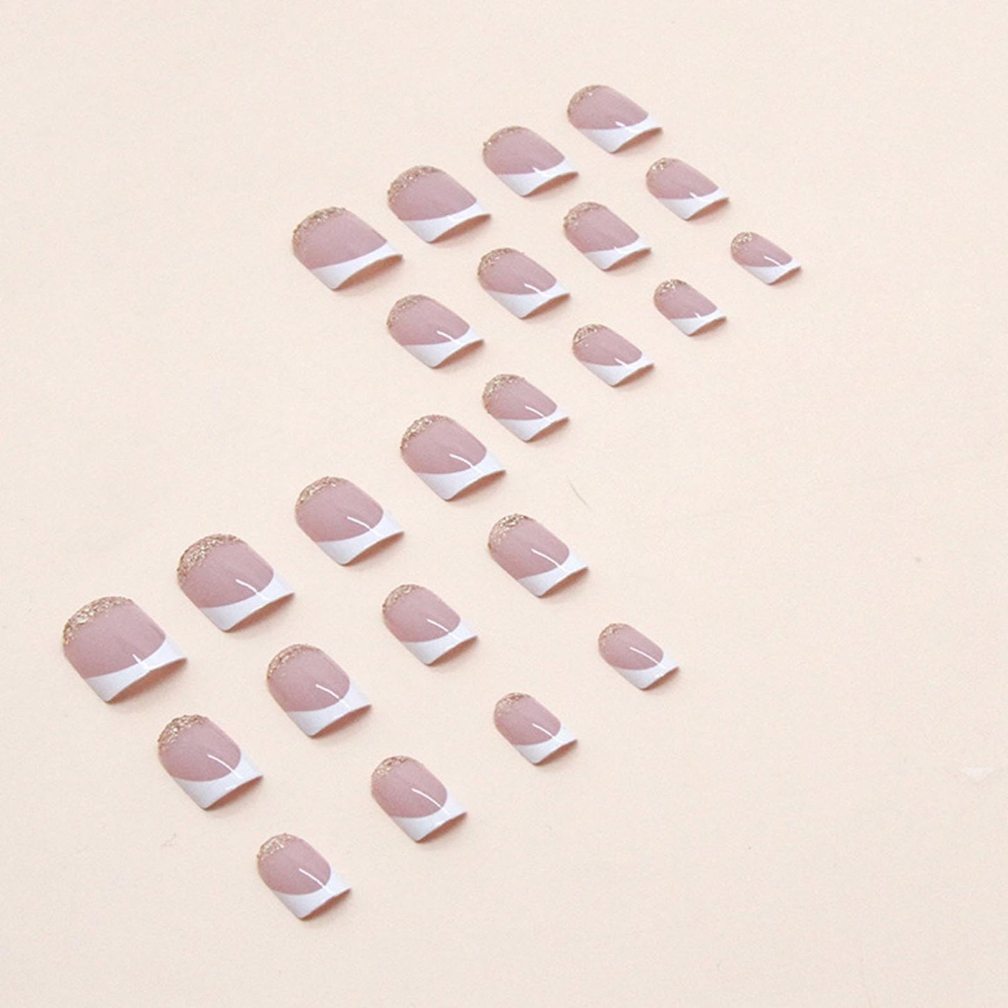 White French Tip Press on Nails Short Square Fake Nails with Glitter Designs Simple Nails Press ons Glossy Glue on Nails Artificial False Nails Natural Stick on Nails for Women 24Pcs