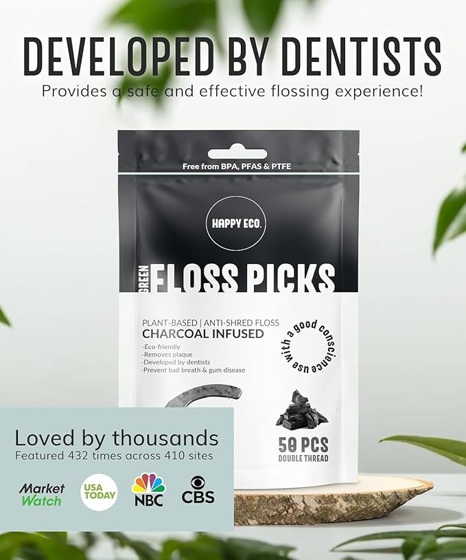 Dental Floss Picks (200pcs) - Flossers for Adults, Vegan Corn-Straw Handle, Superior Oral Care & Anti-Shred Thread, Dental Hygiene, Tooth Pick Sticks, Teeth & Gum Health (Charcoal, Single Thread)