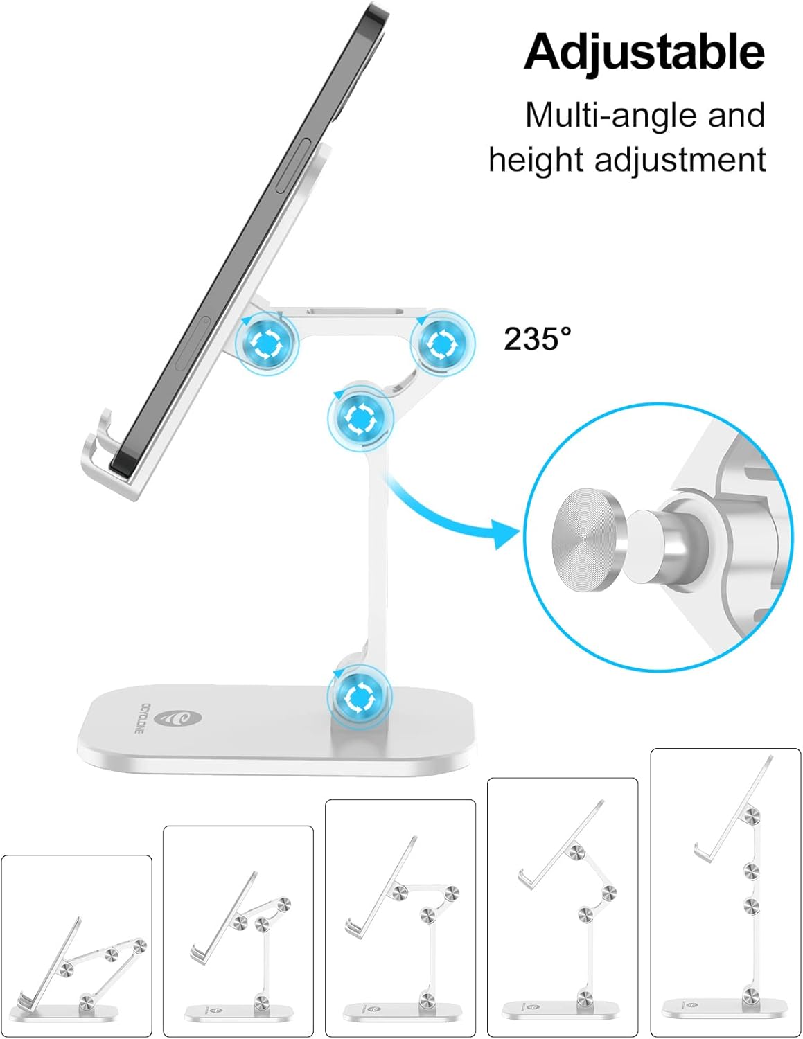 OCYCLONE Phone Stand, Adjustable Height and Angle Foldable Cell Phone Stand Holder for Desk, Taller iPhone Stand Compatible with 4.7"-13" Smartphones iPad Tablet, White