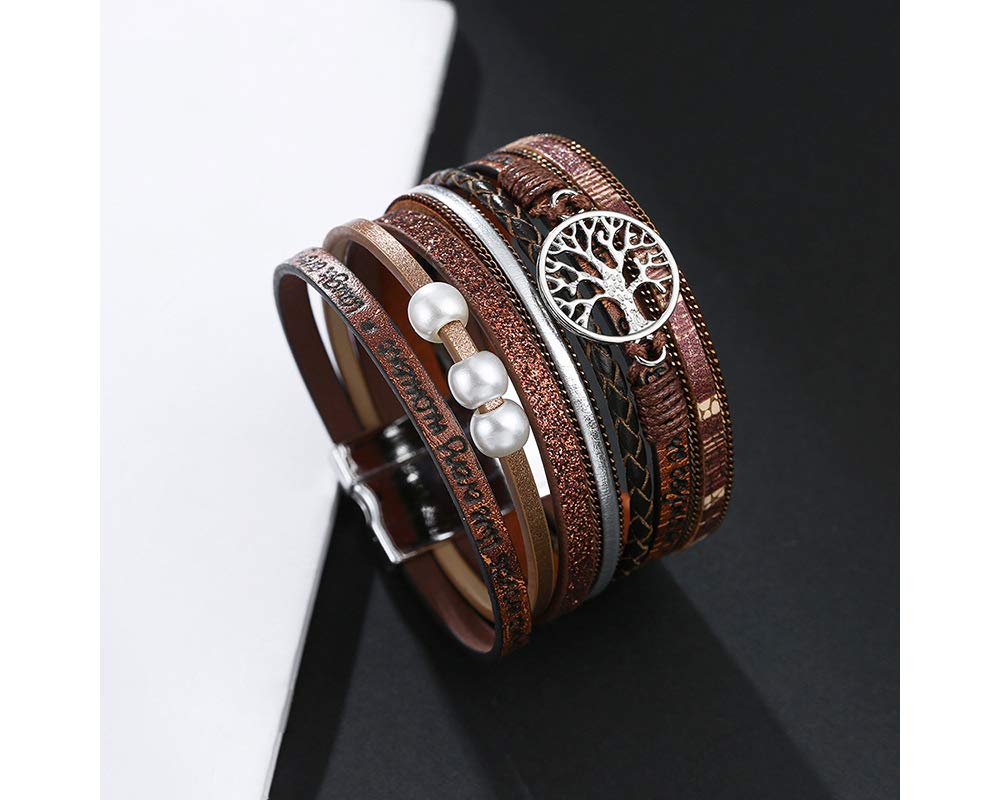 Fesciory Leopard Bracelet for Women, Boho Leather Wrap Multi-Layer Pearl Crystal Bracelet Bangle Jewelry(Tree of Life(Brown))