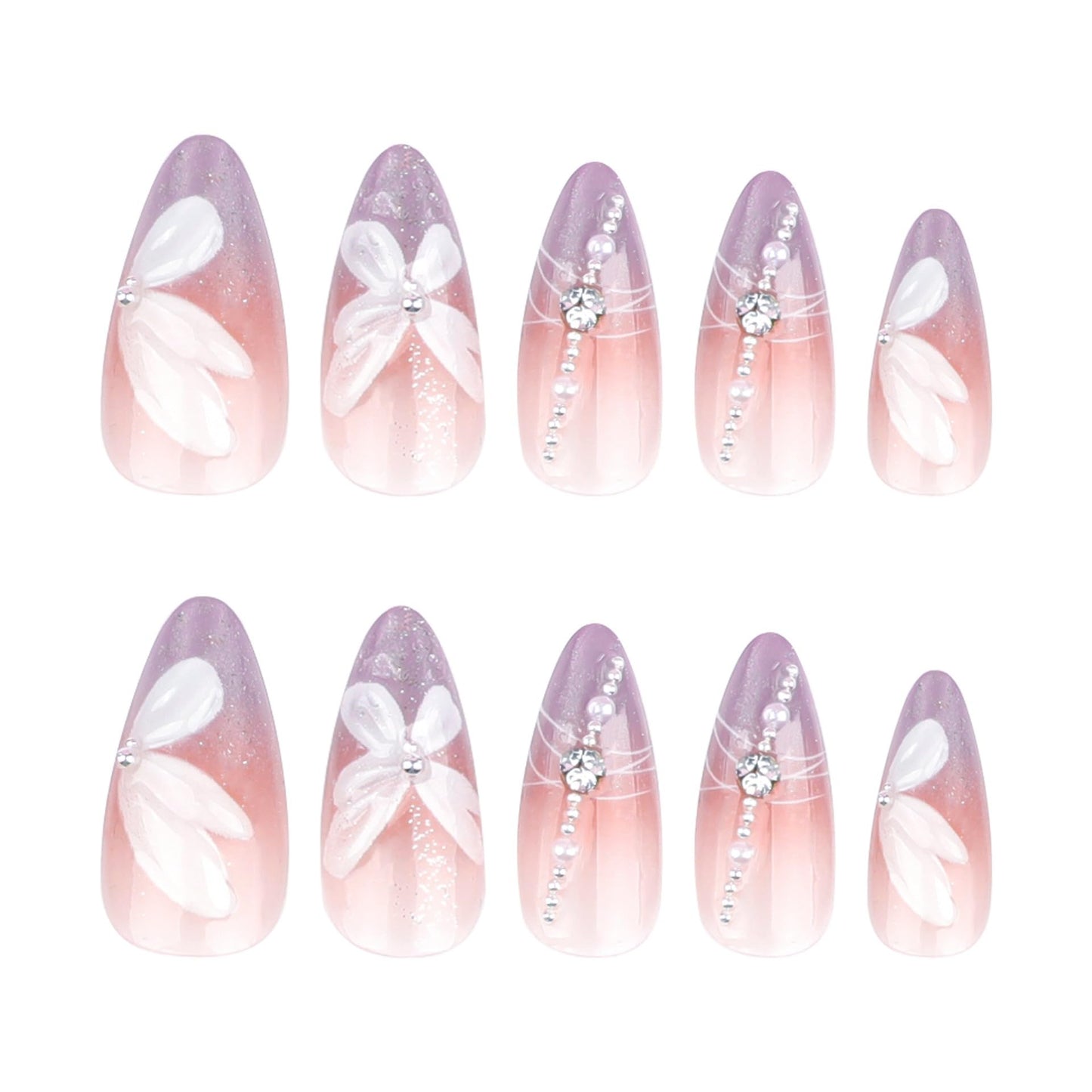Almond Press on Nails Medium - Ombre Purple Fake Nails with Flower Butterfly Design - Rhinestone, Full Cover Stick on False Nails for Women 24Pcs