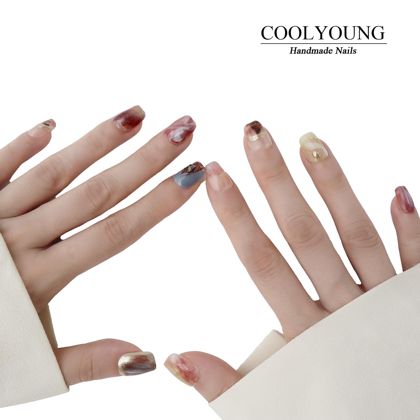 Press On Nails - Short Square Nails, Thick Acrylic Multi-Layer Gel Fake Nails, Hand Made Press On Nails Short, COOLYOUNG Nails, 10 PCS, Size S