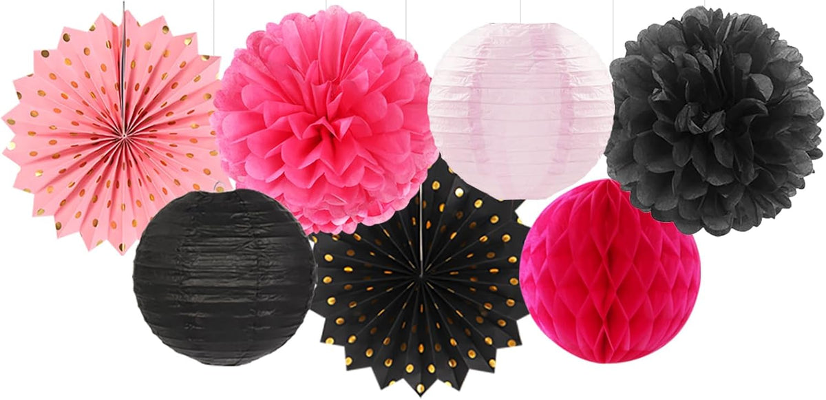Hot-Pink Black Birthday Party-Decorations Streamers Lanterns - 14pcs Baby Girl Paper Honeycomb Fan,Tissue Pom Poms, Graduation Engagement Bachelorette Backdrop Decor Ouruola