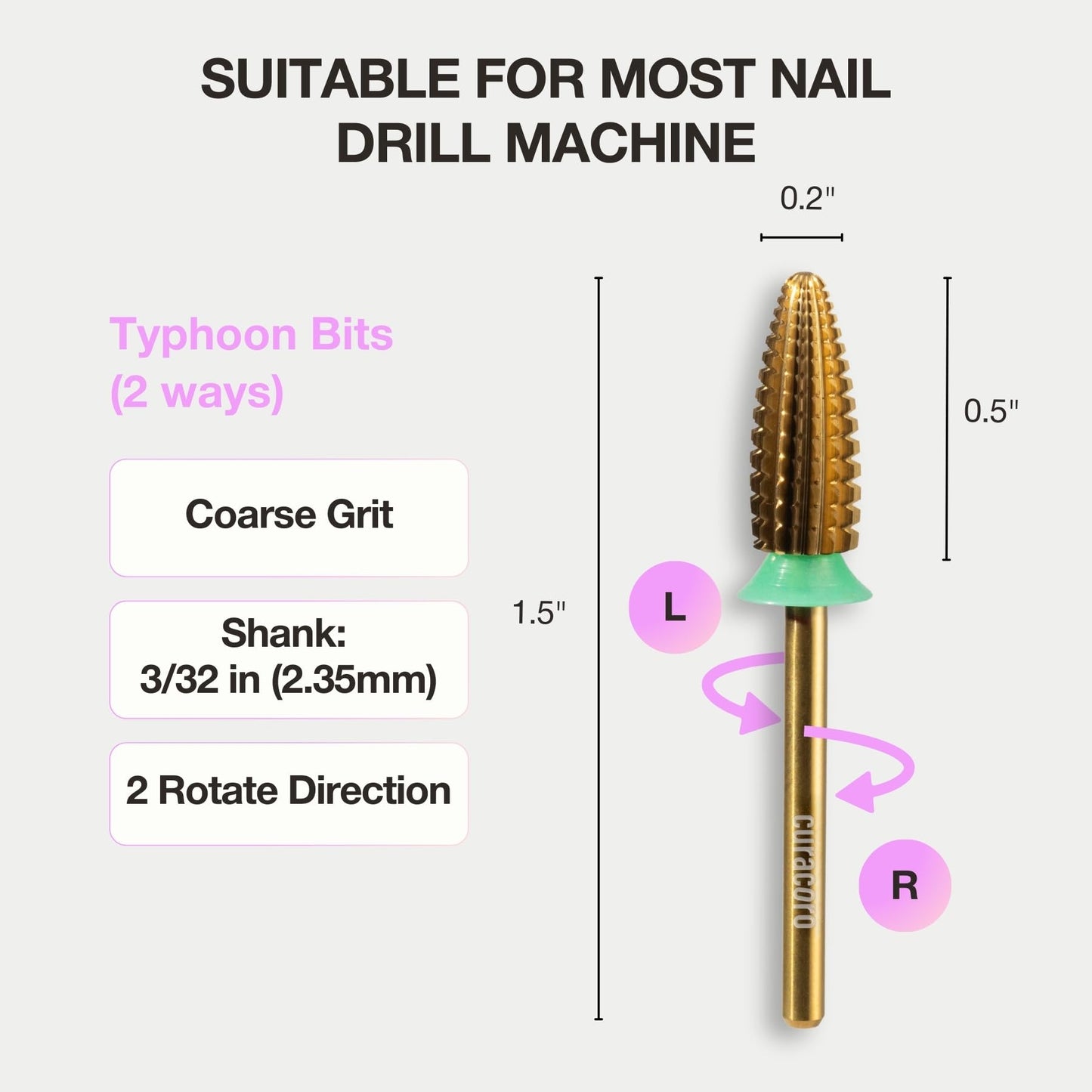 Curacoro Nail Drill Bits 3/32'' - Typhoon Bits, 2 Way, Carbide Bit (Coarse), Fast Remove, Shape & Smooth Acrylic or Gel Nails, Precise Control, for Nail Beds, Nail Art Pedicure Manicure Salon & Home