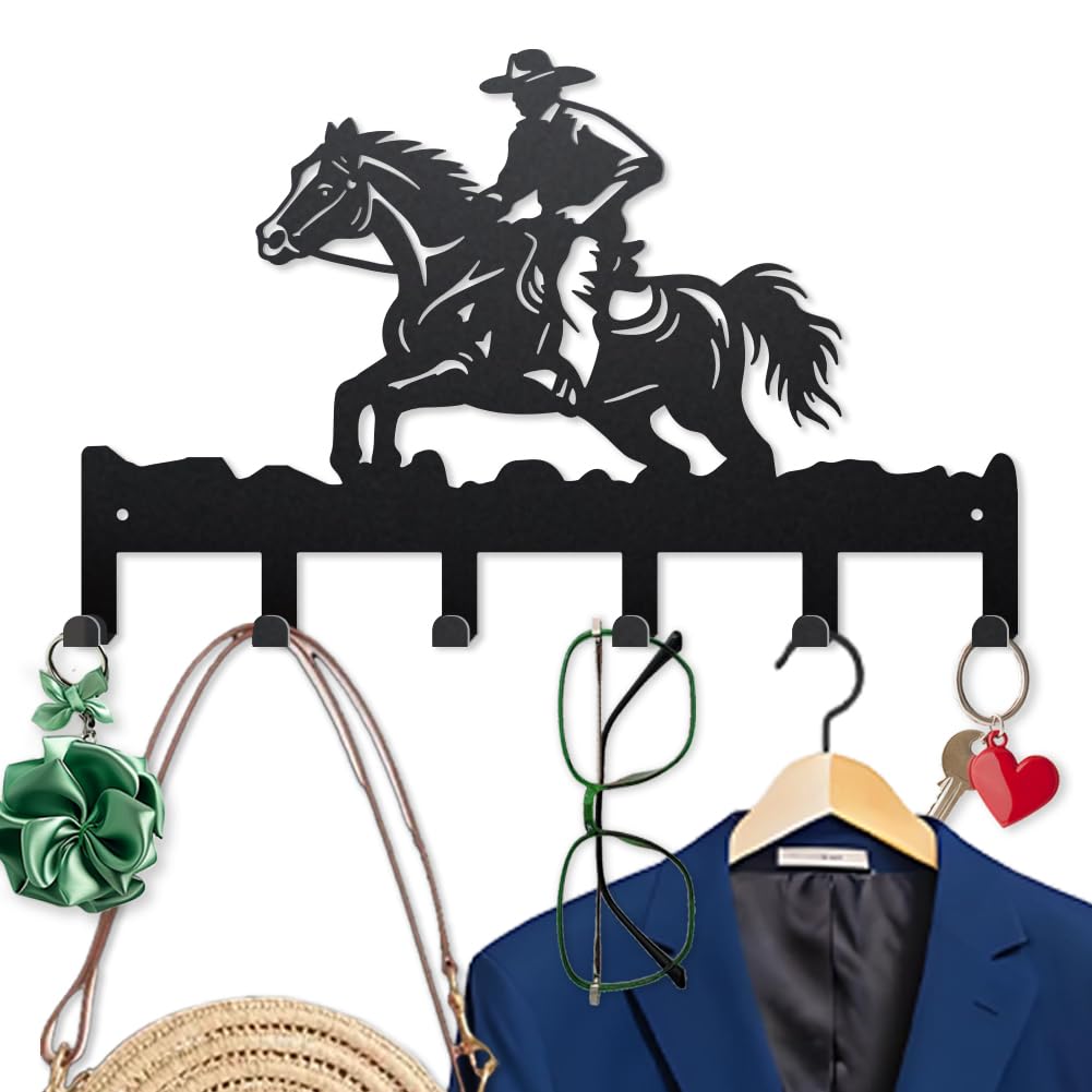 MAYJOYDIY Human Horse Riding Metal Key Hooks 9.8×15.7 Inch Western Cowboy Hat Wall Mounted Hook Hangers Grasslands Key Holder for Wall with 6 Hooks for Kitchen Entryway Hallway Garden Doorway