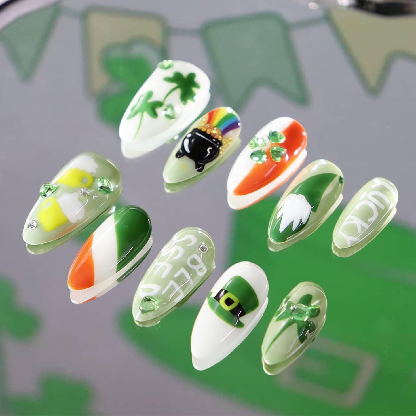 24Pcs St. Patrick's Day Press On Nails Medium Almond Fake Nails with Shamrocks Rhinestones Designs Rainbow Acrylic Nails Hat Dwarf Lucky Clover False Nails St Patricks Day Glue on Nails for Women