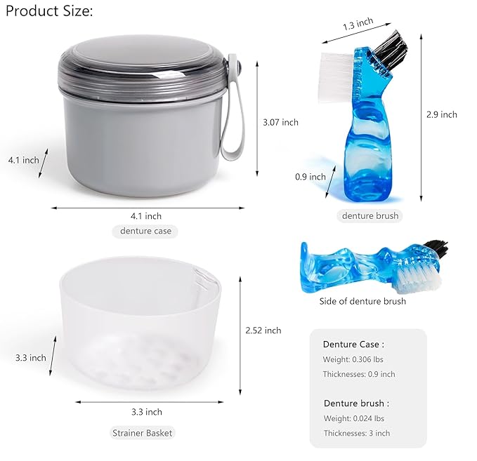 Leak Proof Travel Denture Bath Case for Full Dentures, Denture Cups for Soaking Dentures, Denture Container Cups with Brush for Dentures, Aligner, Retainers, Mouth Guard (Gray)