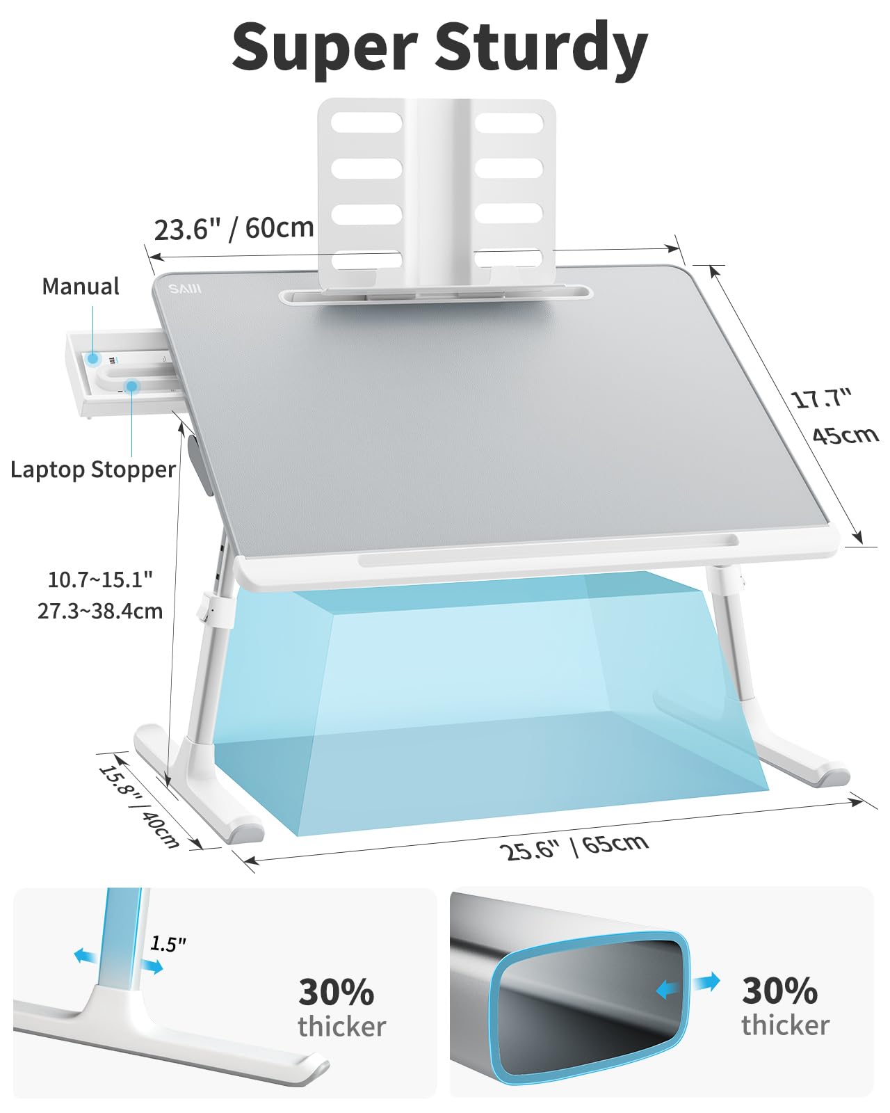 Laptop tray, SAIJI 60*45cm Table lap for bed, Multi-purpose Premium Lapdesk, Height Angle adjustable, with Book Stand, Drawer, Tablet slot, for Eating, Working, Writing, Gaming, Drawing (Light Grey)