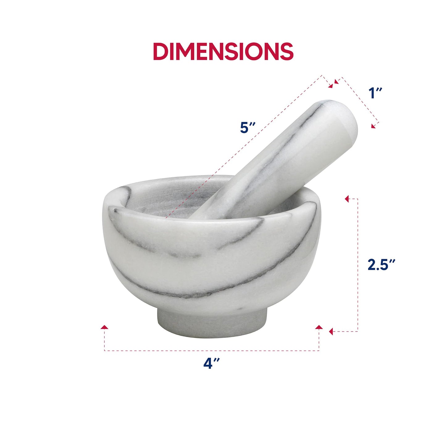 HIC Kitchen Mortar and Pestle Set, Solid Carrara Marble, 3.8-Inch, Spice Herb Grinder, Pill Crusher, Nut Butter Maker