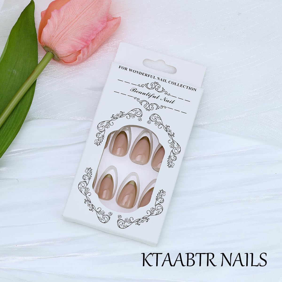 Gold French Tip Press on Nails Medium Oval Shape Pink Almond Fake Nails with Glue Full Cover Glossy False Nails for Women DIY Manicure Decoration 24PCS Reusable Acrylic Nails