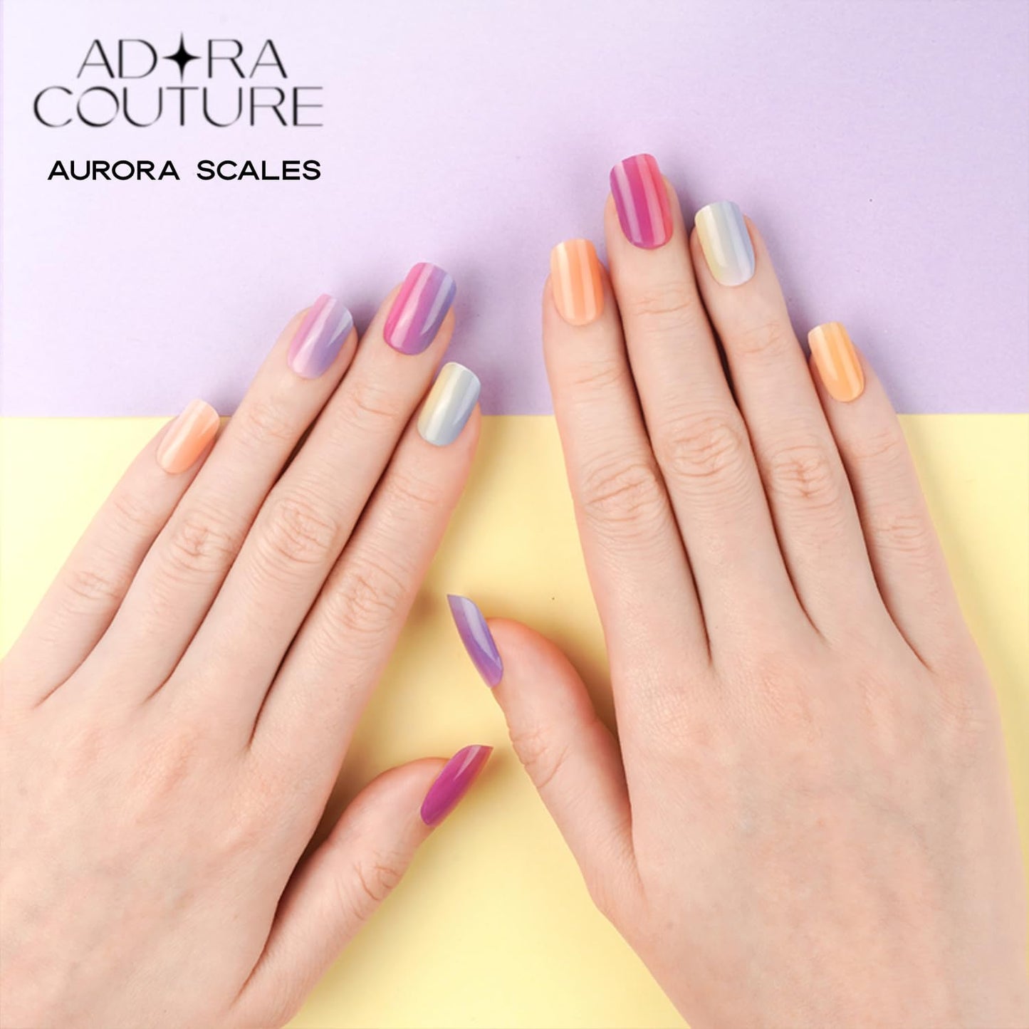 Adora Couture Semi Cured Gel Nail Strips with 20 Pieces - UV Gel Stickers, Manicure Kit, Easy Application Wraps Includes Prep Pads, Nail File, Wooden Stick - UV Light Required (Aurora Scales)