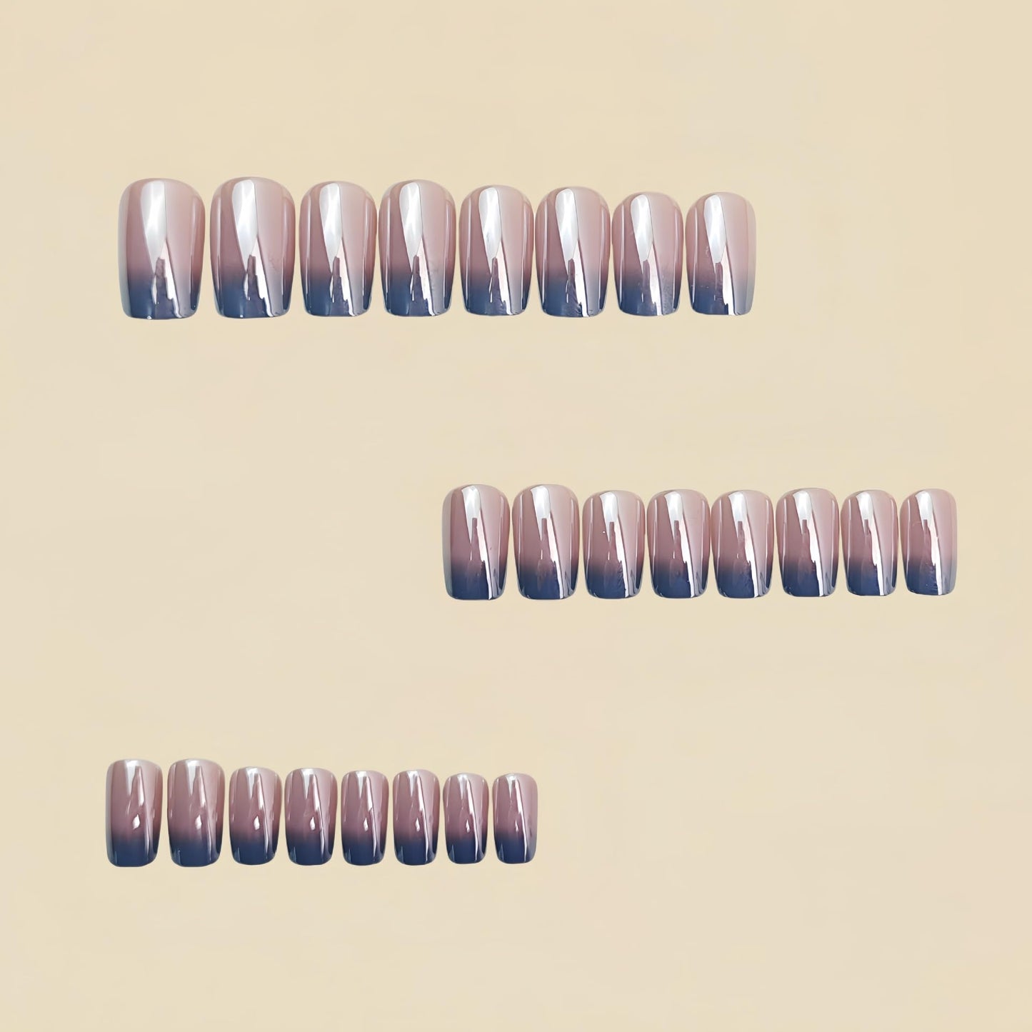 Blue Ombre Press on Nails Medium Square Fake Nails Chrome Mirror False Nails Press ons with Designs Glossy Shiny Gradient Full Cover Glue on Acrylic Nails for Women Nail Decoration 24Pcs