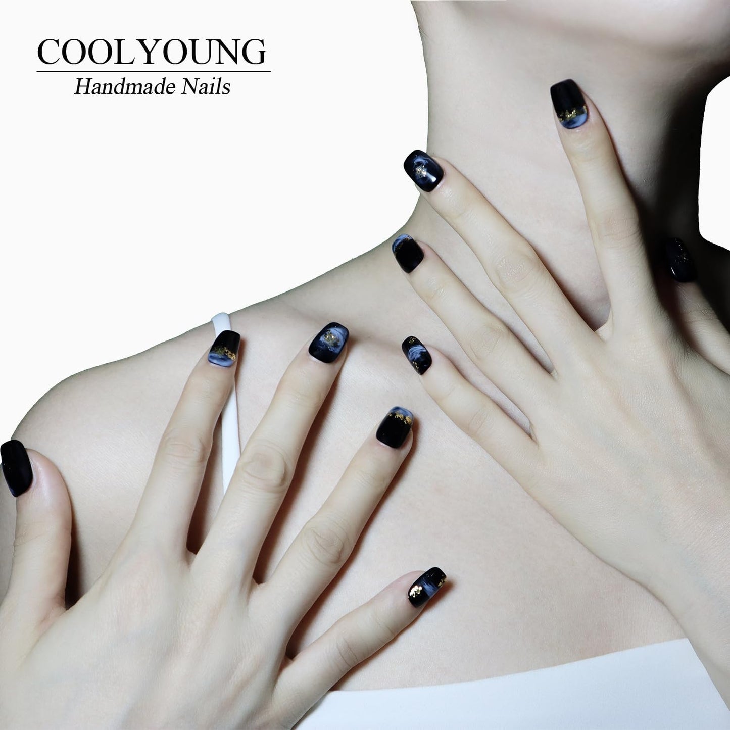 Handmade Press On Nails Short Square Black Press On Nails Gifts For Women Glitter Long Lasting Nails COOLYOUNG Acrylic Nails, 10 PCS, Size M